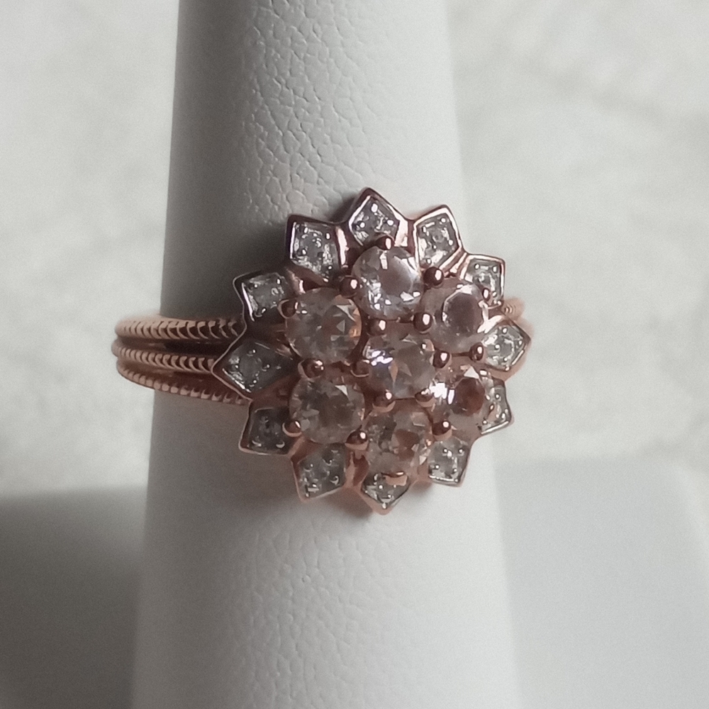 1.08 ctw Peach Morganite Flower Diamond Accent Ring 18k Rose Gold 925 Size 7